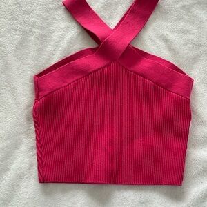 Babaton Fuchsia Ribbed Cross-Strap Crop Top